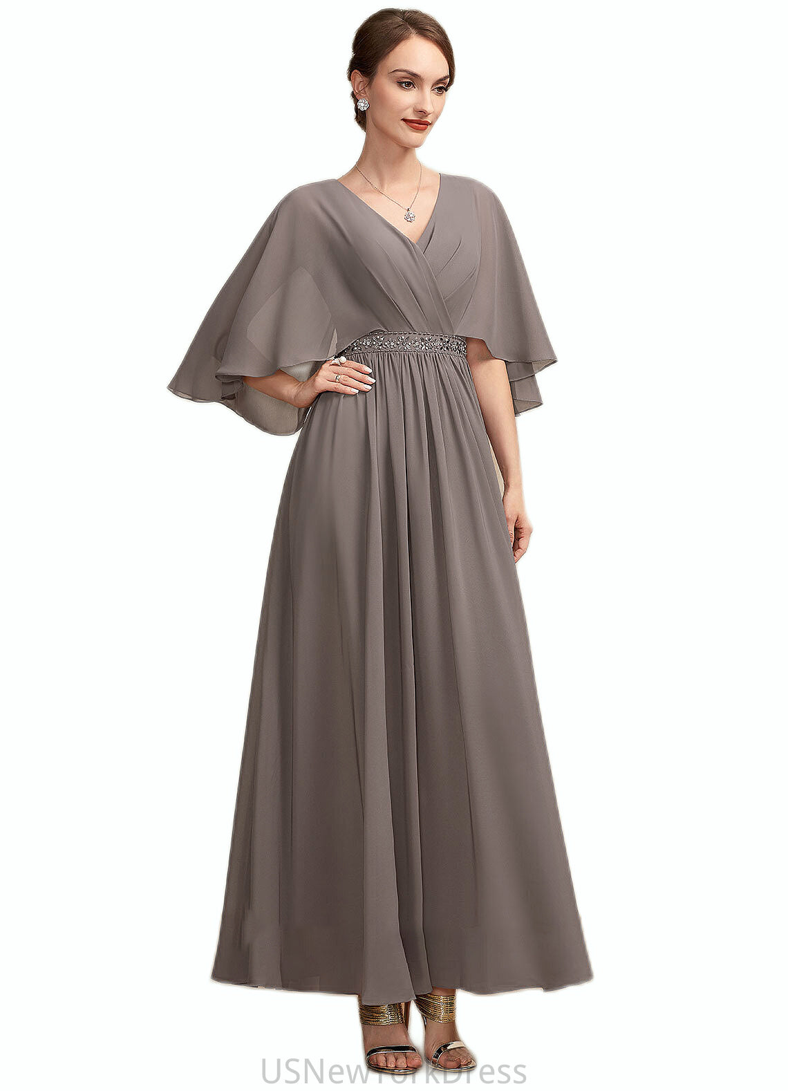 Amari A-Line V-neck Ankle-Length Chiffon Mother of the Bride Dress With Ruffle Beading DJ126P0014723