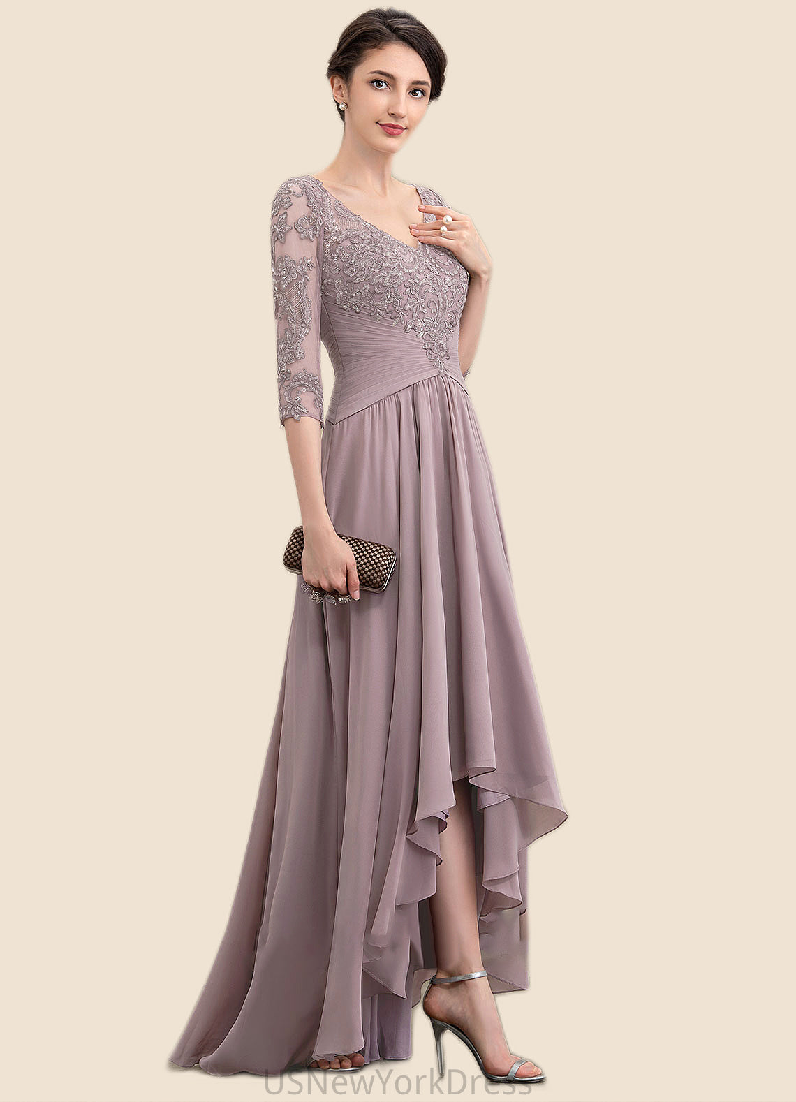 Violet A-Line V-neck Asymmetrical Chiffon Lace Mother of the Bride Dress With Sequins DJ126P0014728