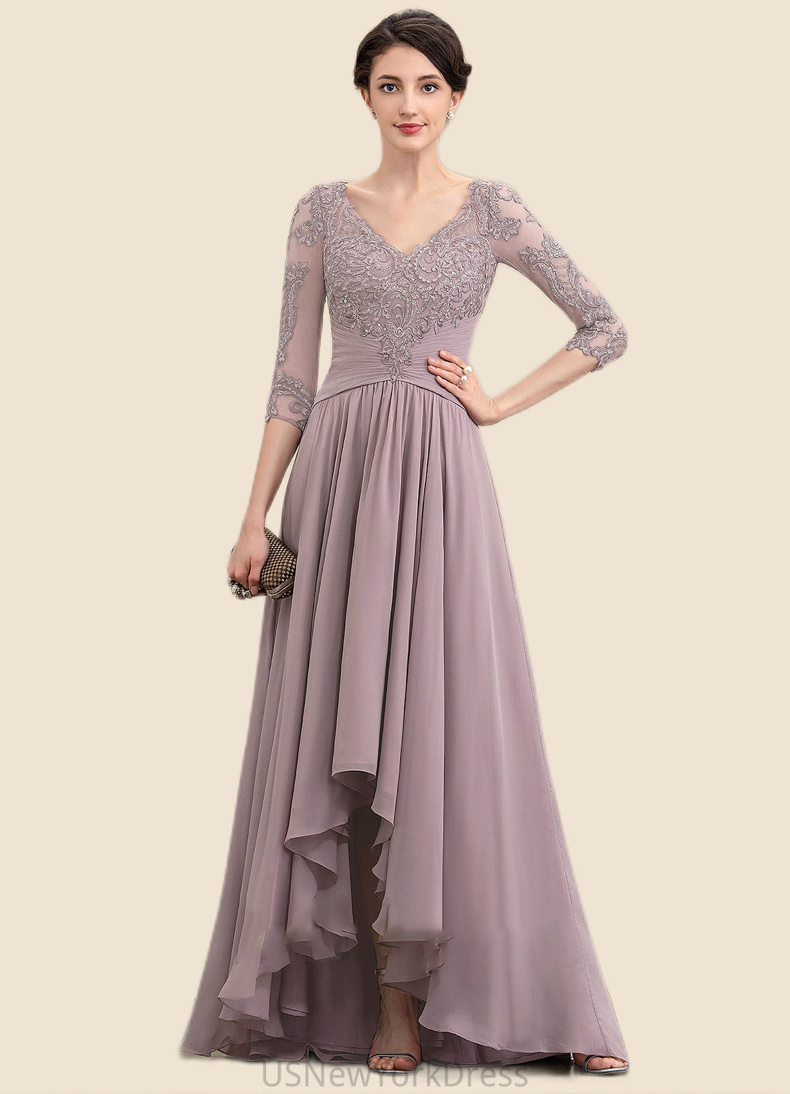 Violet A-Line V-neck Asymmetrical Chiffon Lace Mother of the Bride Dress With Sequins DJ126P0014728