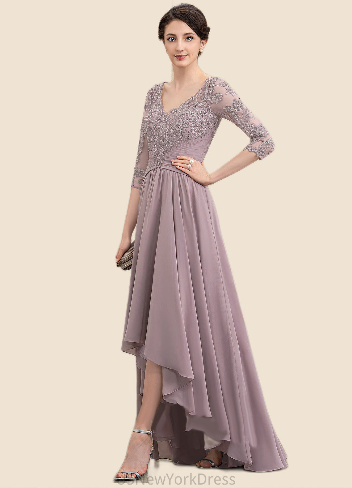 Violet A-Line V-neck Asymmetrical Chiffon Lace Mother of the Bride Dress With Sequins DJ126P0014728