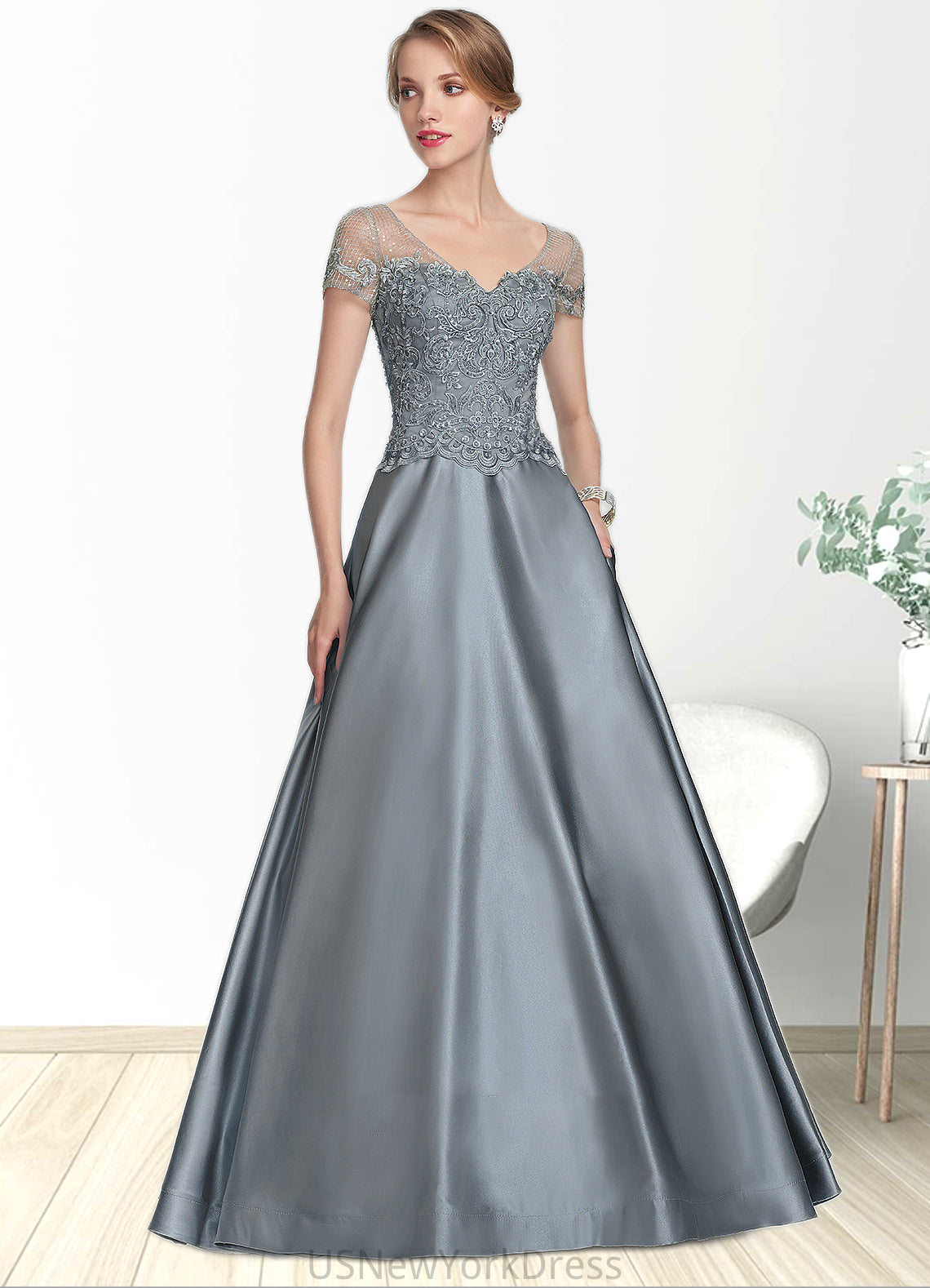 Marcia A-Line V-neck Floor-Length Satin Lace Mother of the Bride Dress With Beading Sequins DJ126P0014730