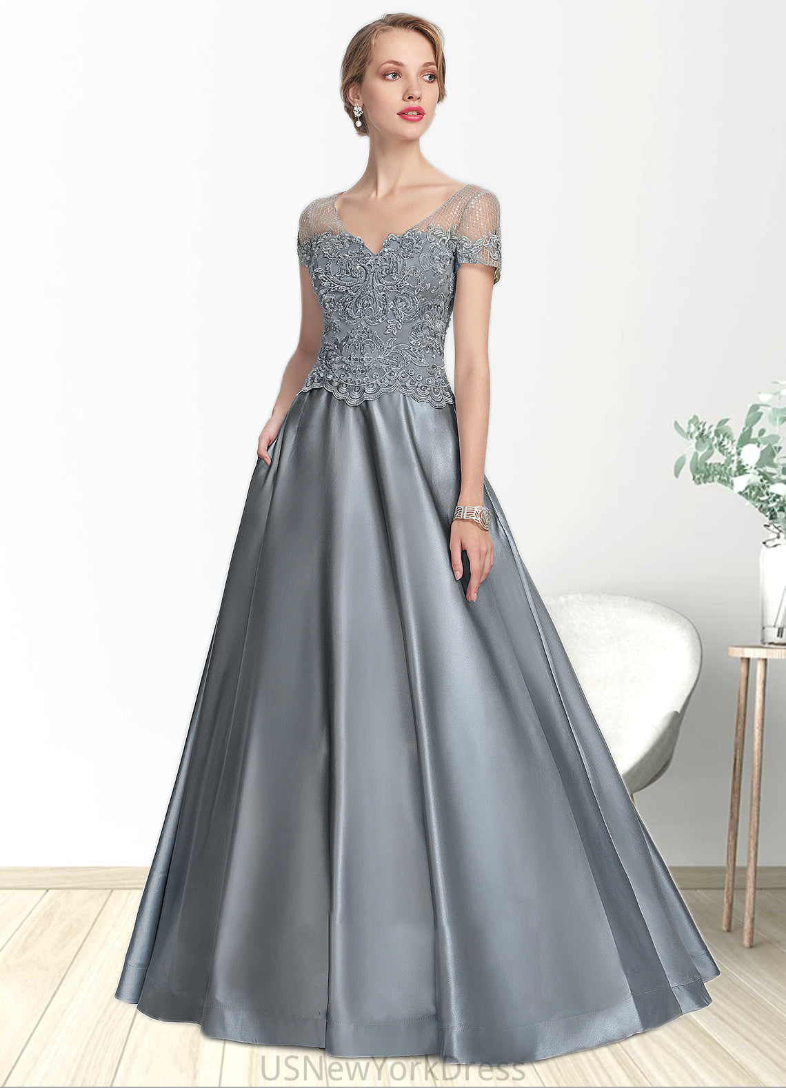 Marcia A-Line V-neck Floor-Length Satin Lace Mother of the Bride Dress With Beading Sequins DJ126P0014730