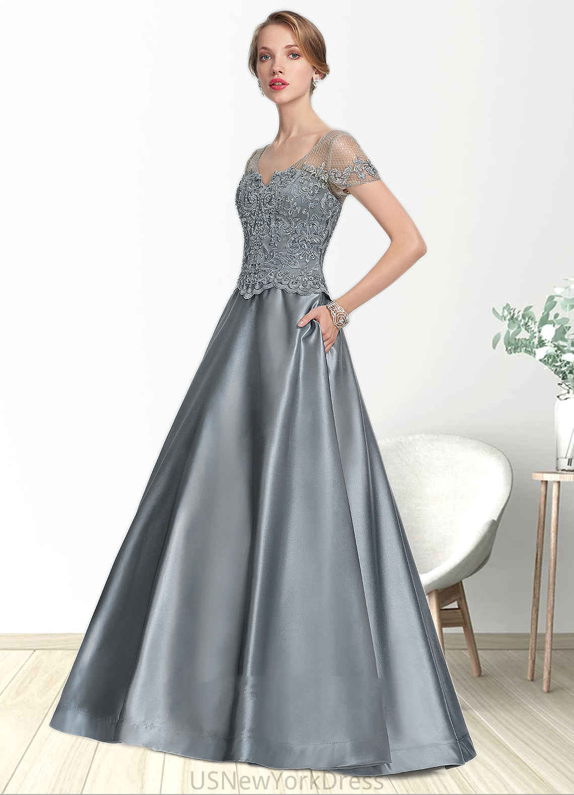 Marcia A-Line V-neck Floor-Length Satin Lace Mother of the Bride Dress With Beading Sequins DJ126P0014730