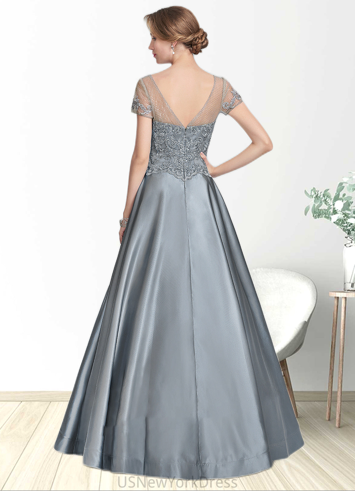 Marcia A-Line V-neck Floor-Length Satin Lace Mother of the Bride Dress With Beading Sequins DJ126P0014730