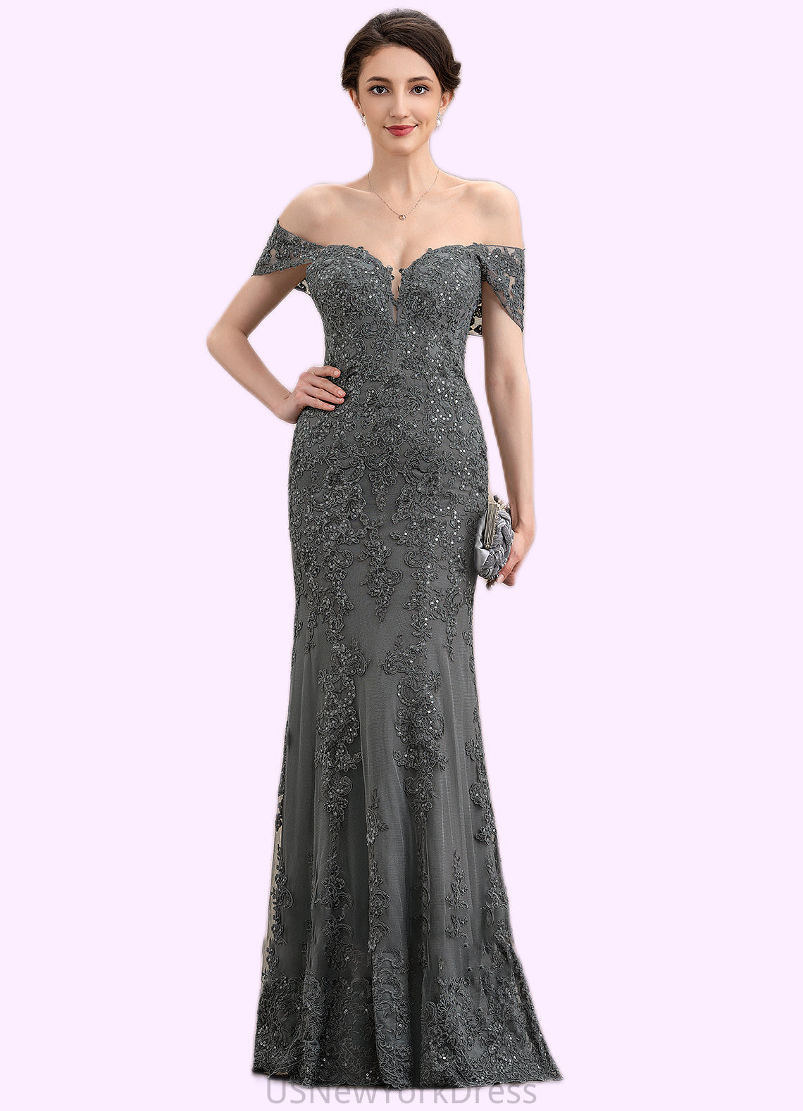 Kaitlynn Trumpet/Mermaid Off-the-Shoulder Floor-Length Tulle Lace Mother of the Bride Dress With Sequins DJ126P0014731