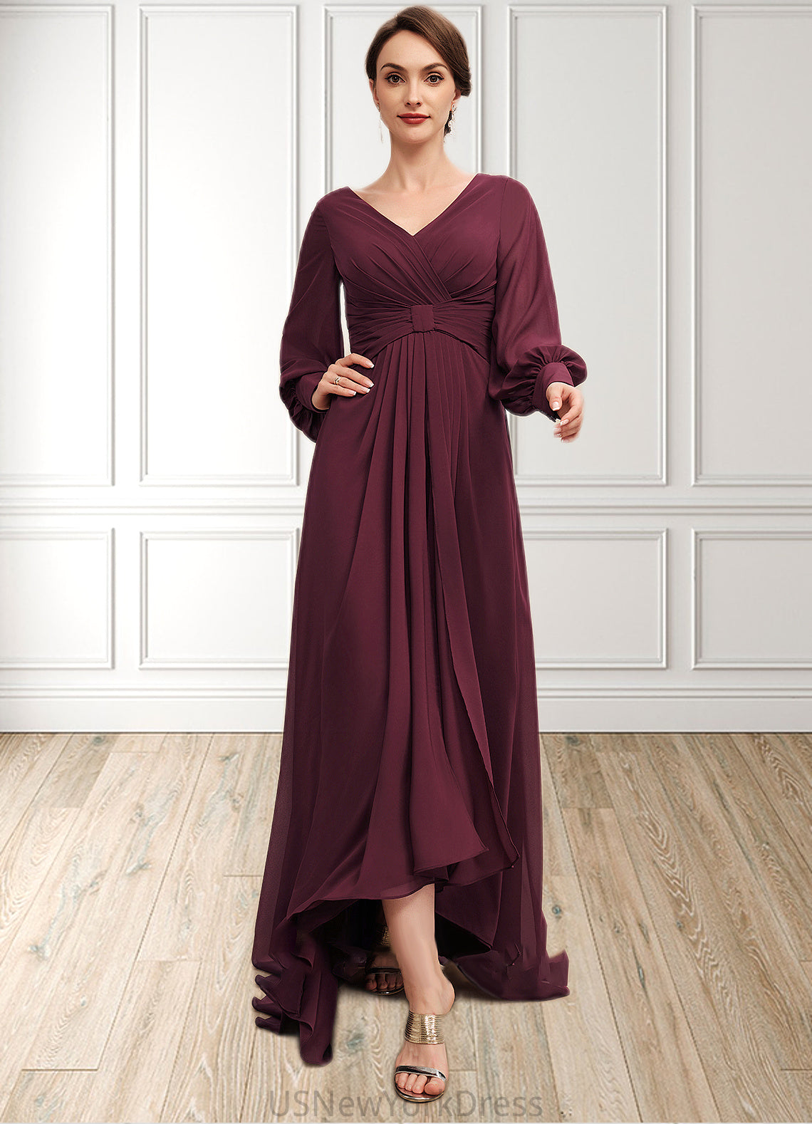 Michaela A-Line V-neck Asymmetrical Chiffon Mother of the Bride Dress With Ruffle DJ126P0014732