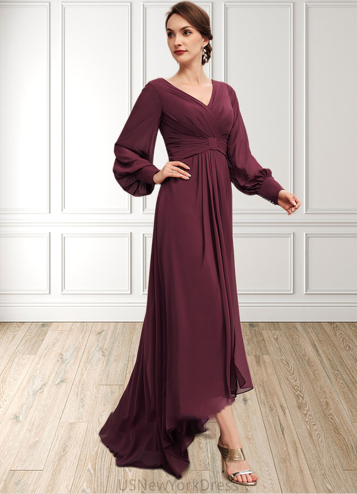 Michaela A-Line V-neck Asymmetrical Chiffon Mother of the Bride Dress With Ruffle DJ126P0014732