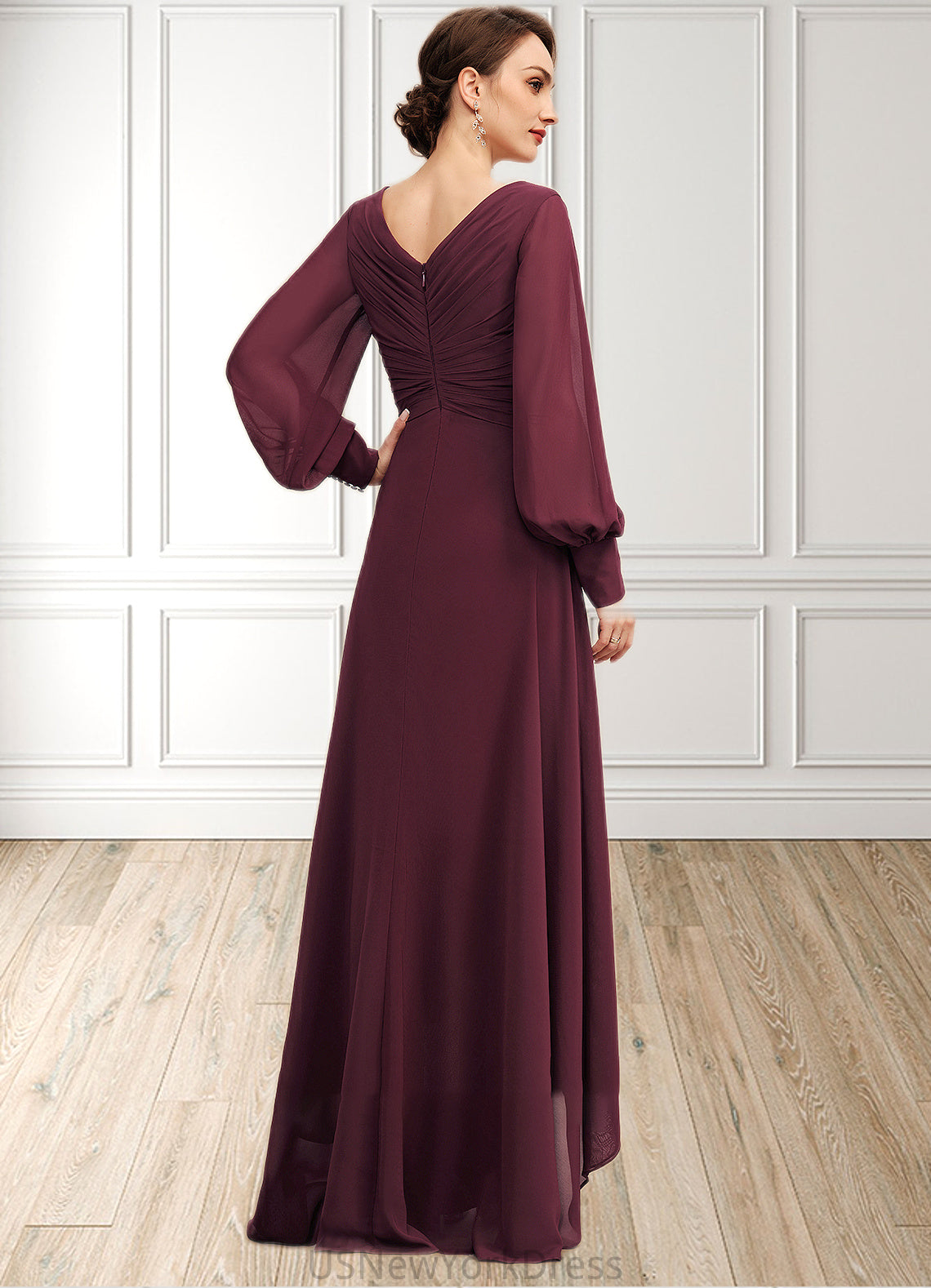 Michaela A-Line V-neck Asymmetrical Chiffon Mother of the Bride Dress With Ruffle DJ126P0014732