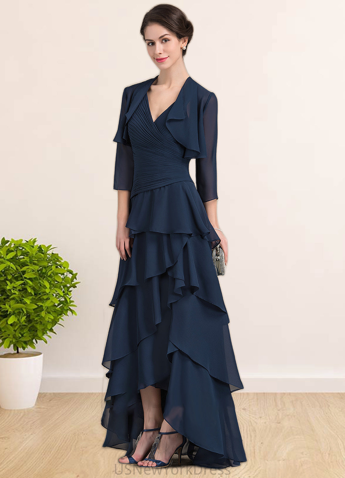 Mariana A-Line V-neck Asymmetrical Chiffon Mother of the Bride Dress With Beading Sequins Cascading Ruffles DJ126P0014733