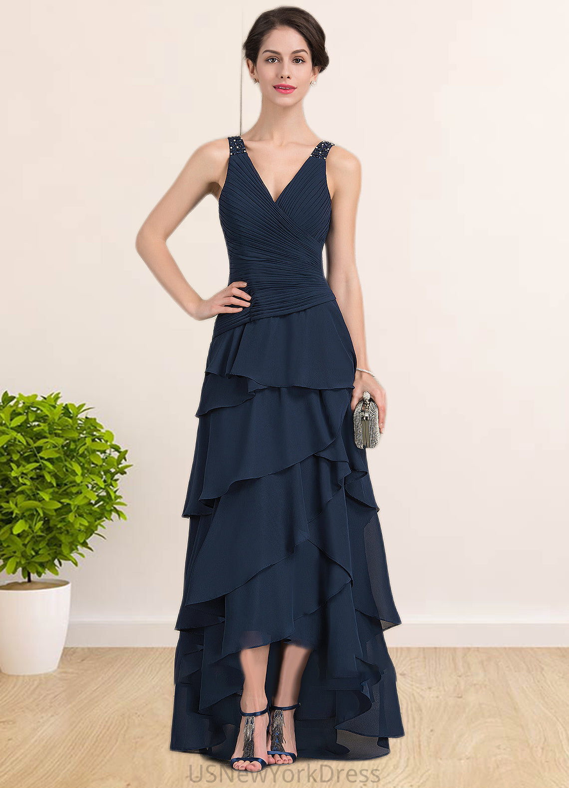 Mariana A-Line V-neck Asymmetrical Chiffon Mother of the Bride Dress With Beading Sequins Cascading Ruffles DJ126P0014733