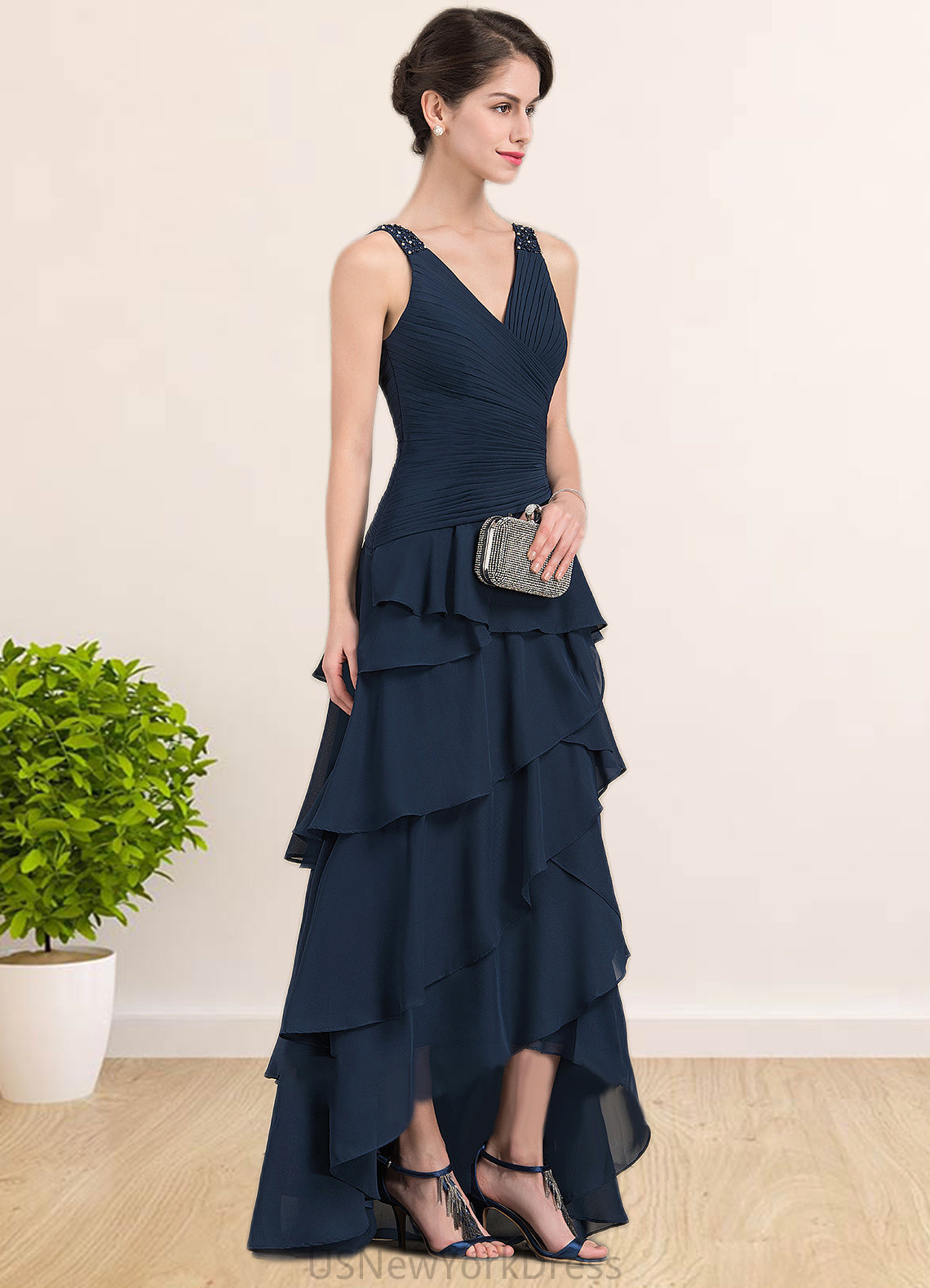 Mariana A-Line V-neck Asymmetrical Chiffon Mother of the Bride Dress With Beading Sequins Cascading Ruffles DJ126P0014733