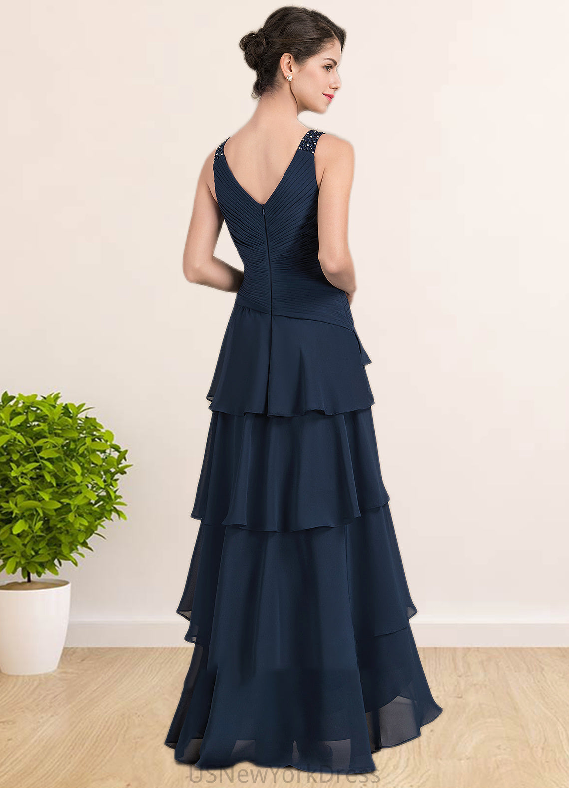 Mariana A-Line V-neck Asymmetrical Chiffon Mother of the Bride Dress With Beading Sequins Cascading Ruffles DJ126P0014733