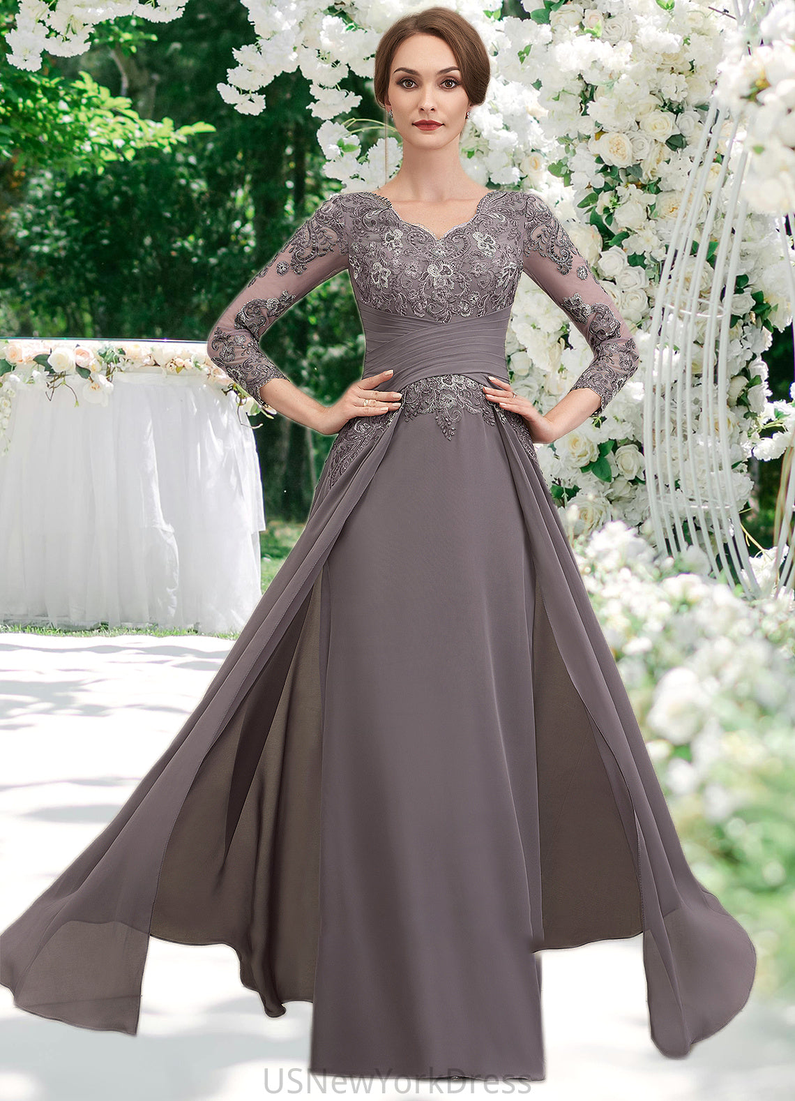 Naomi A-Line V-neck Floor-Length Chiffon Lace Mother of the Bride Dress With Ruffle DJ126P0014735