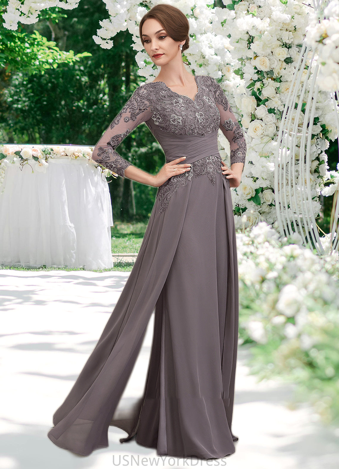 Naomi A-Line V-neck Floor-Length Chiffon Lace Mother of the Bride Dress With Ruffle DJ126P0014735