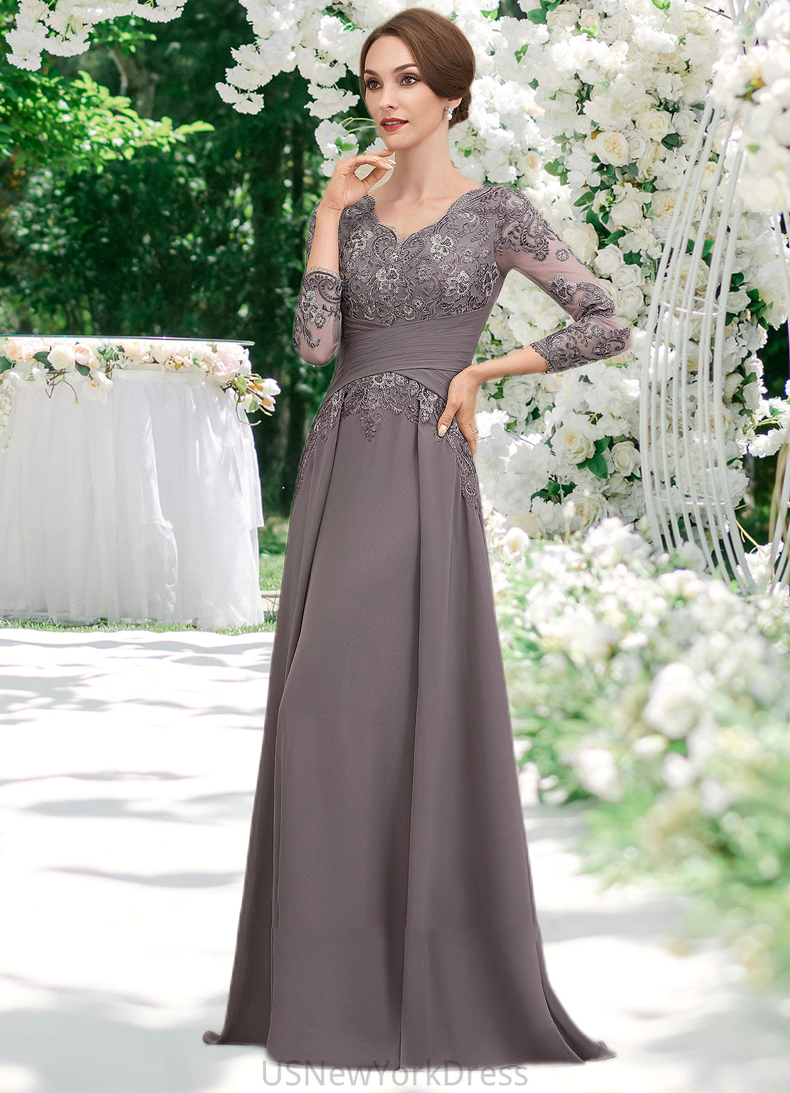 Naomi A-Line V-neck Floor-Length Chiffon Lace Mother of the Bride Dress With Ruffle DJ126P0014735