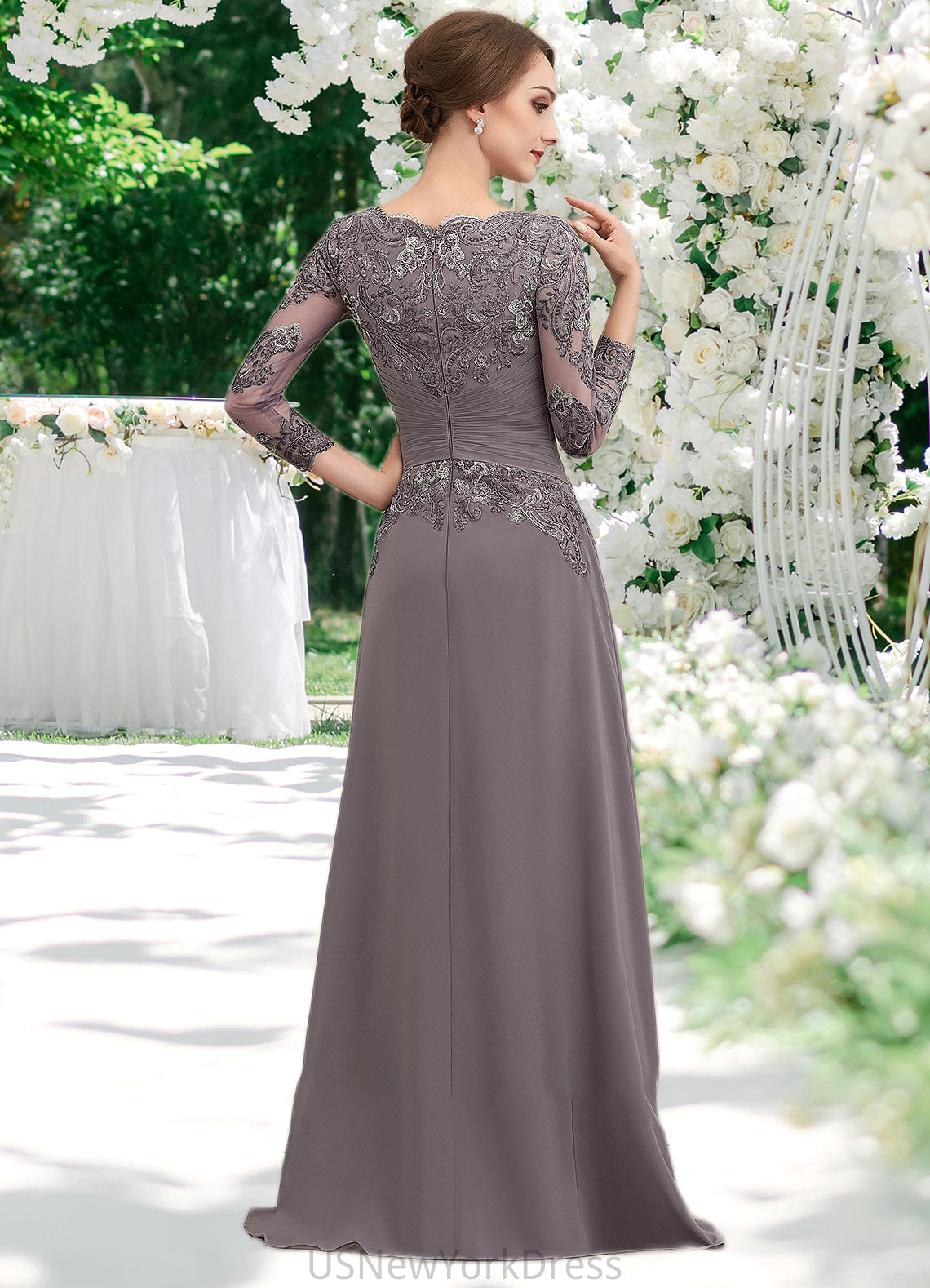 Naomi A-Line V-neck Floor-Length Chiffon Lace Mother of the Bride Dress With Ruffle DJ126P0014735