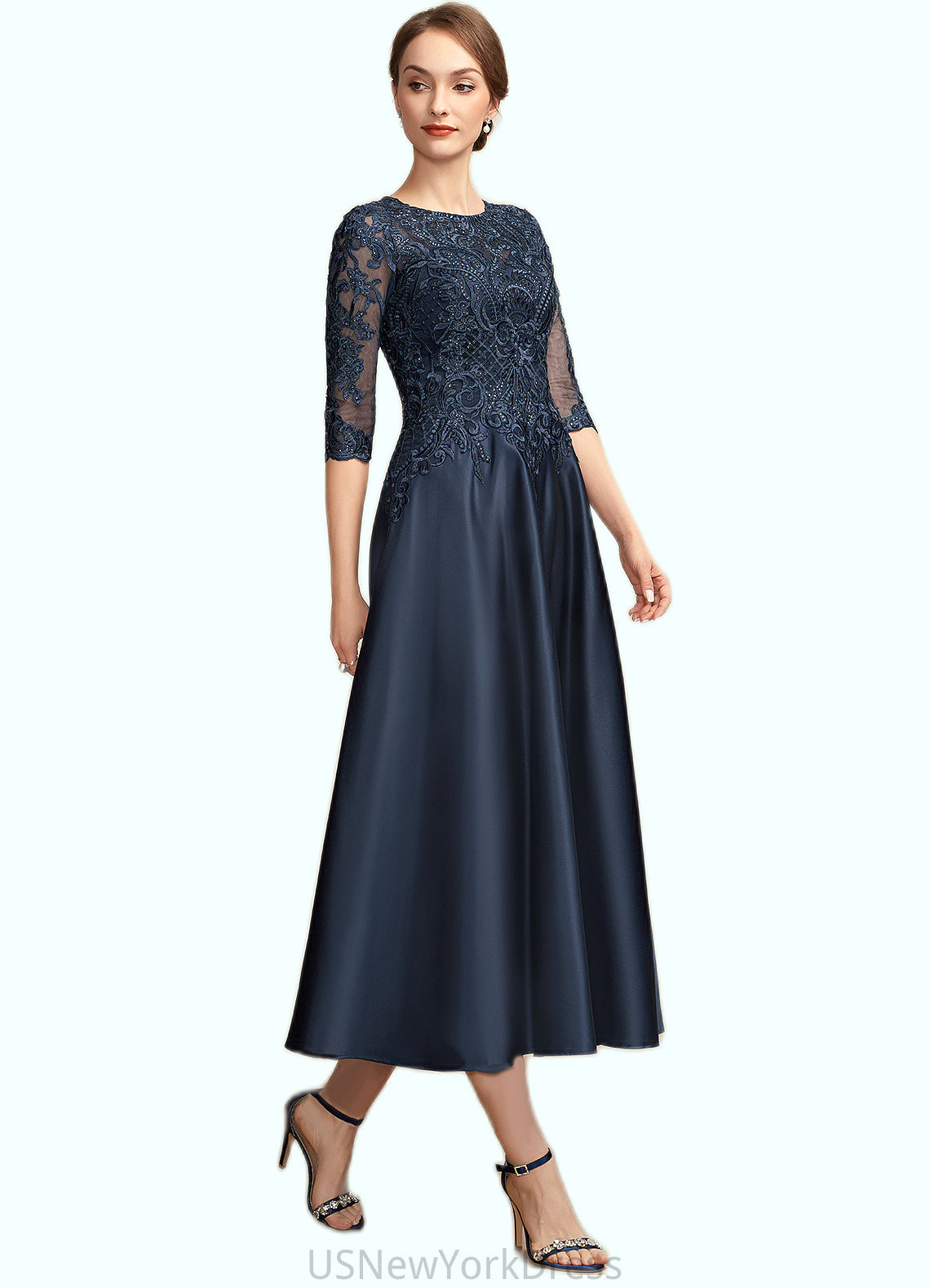 Lillie A-Line Scoop Neck Tea-Length Satin Lace Mother of the Bride Dress With Sequins DJ126P0014736