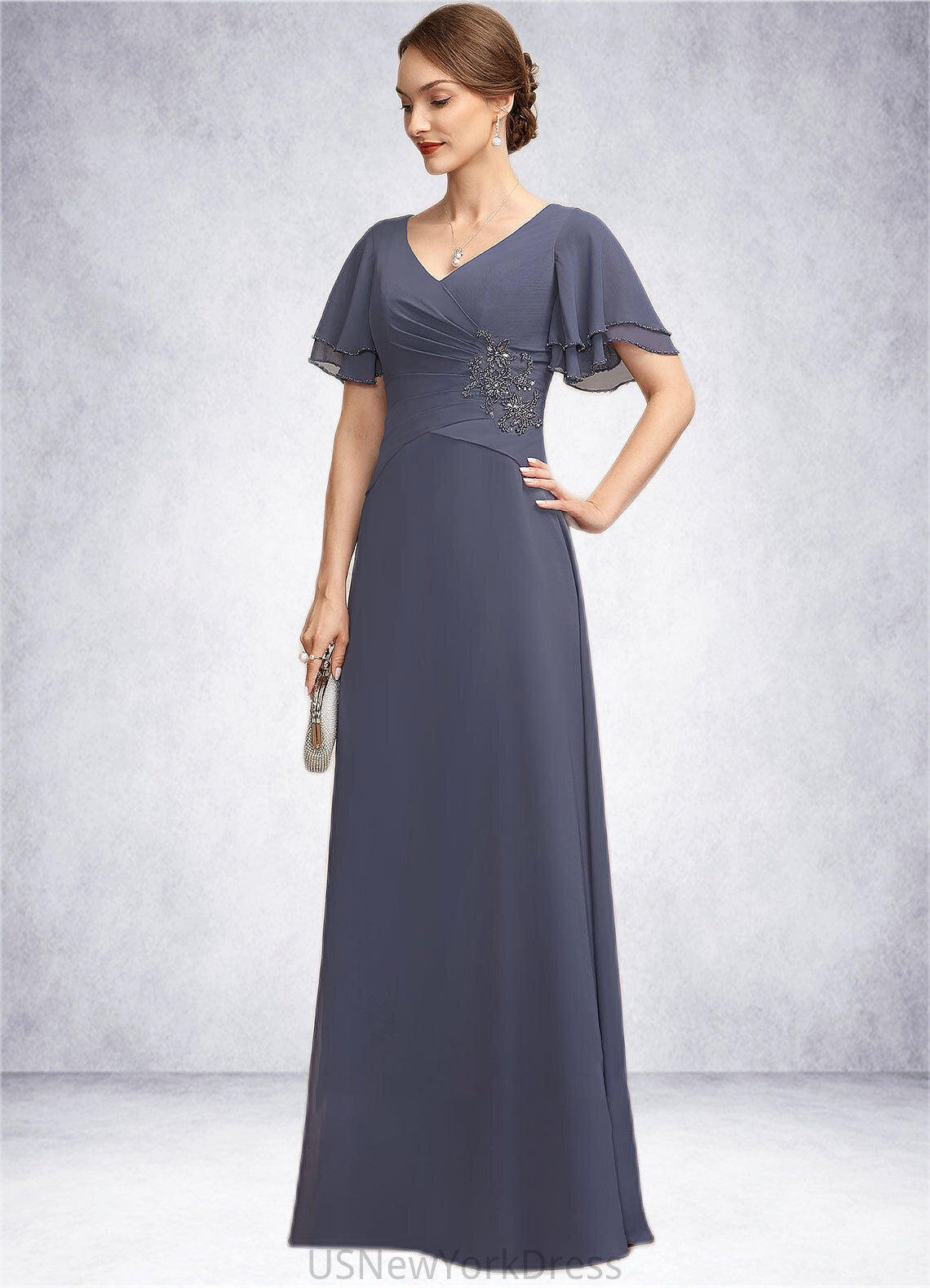 Ashlee A-Line V-neck Floor-Length Chiffon Mother of the Bride Dress With Ruffle Beading DJ126P0014737