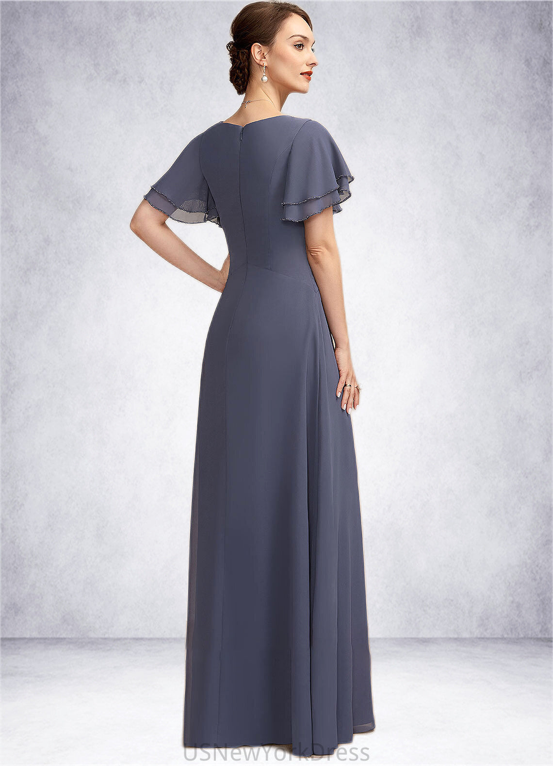 Ashlee A-Line V-neck Floor-Length Chiffon Mother of the Bride Dress With Ruffle Beading DJ126P0014737