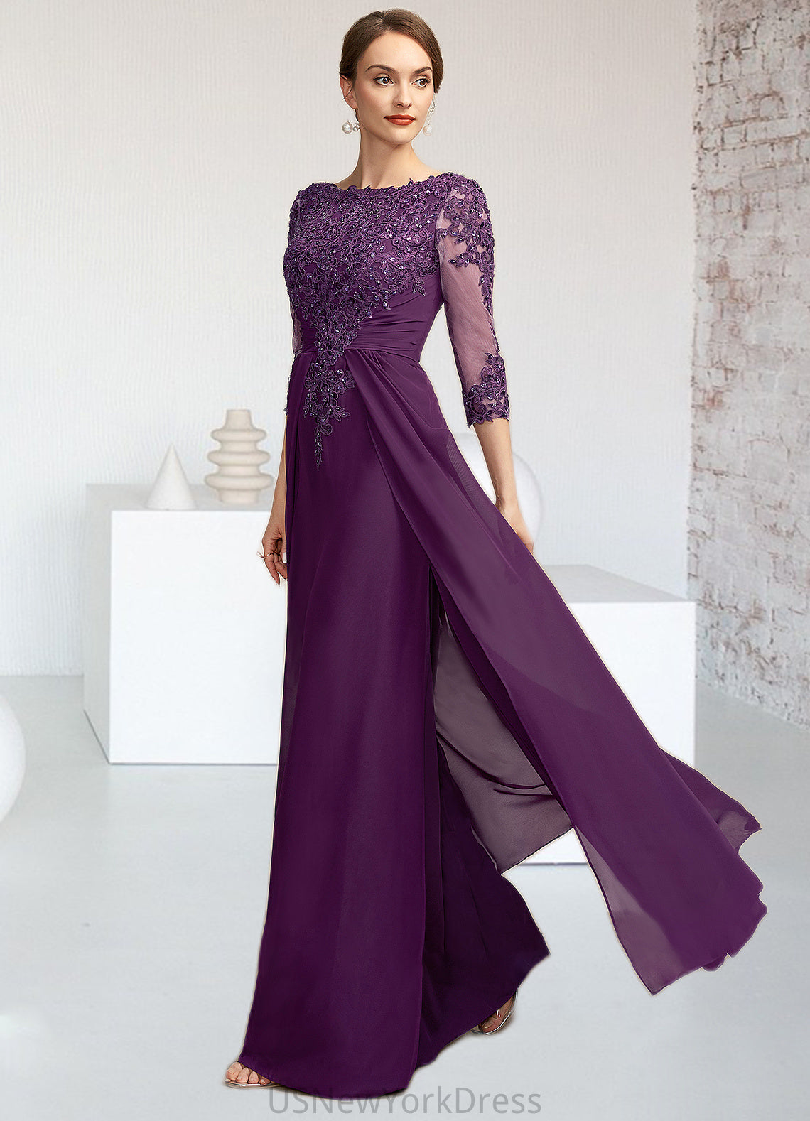 Hazel A-Line Scoop Neck Floor-Length Chiffon Lace Mother of the Bride Dress With Beading Sequins DJ126P0014738