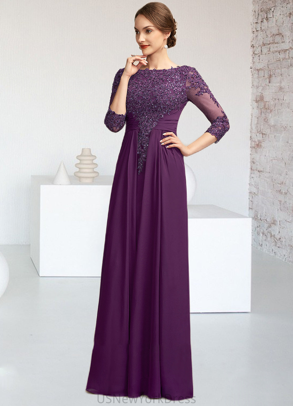 Hazel A-Line Scoop Neck Floor-Length Chiffon Lace Mother of the Bride Dress With Beading Sequins DJ126P0014738