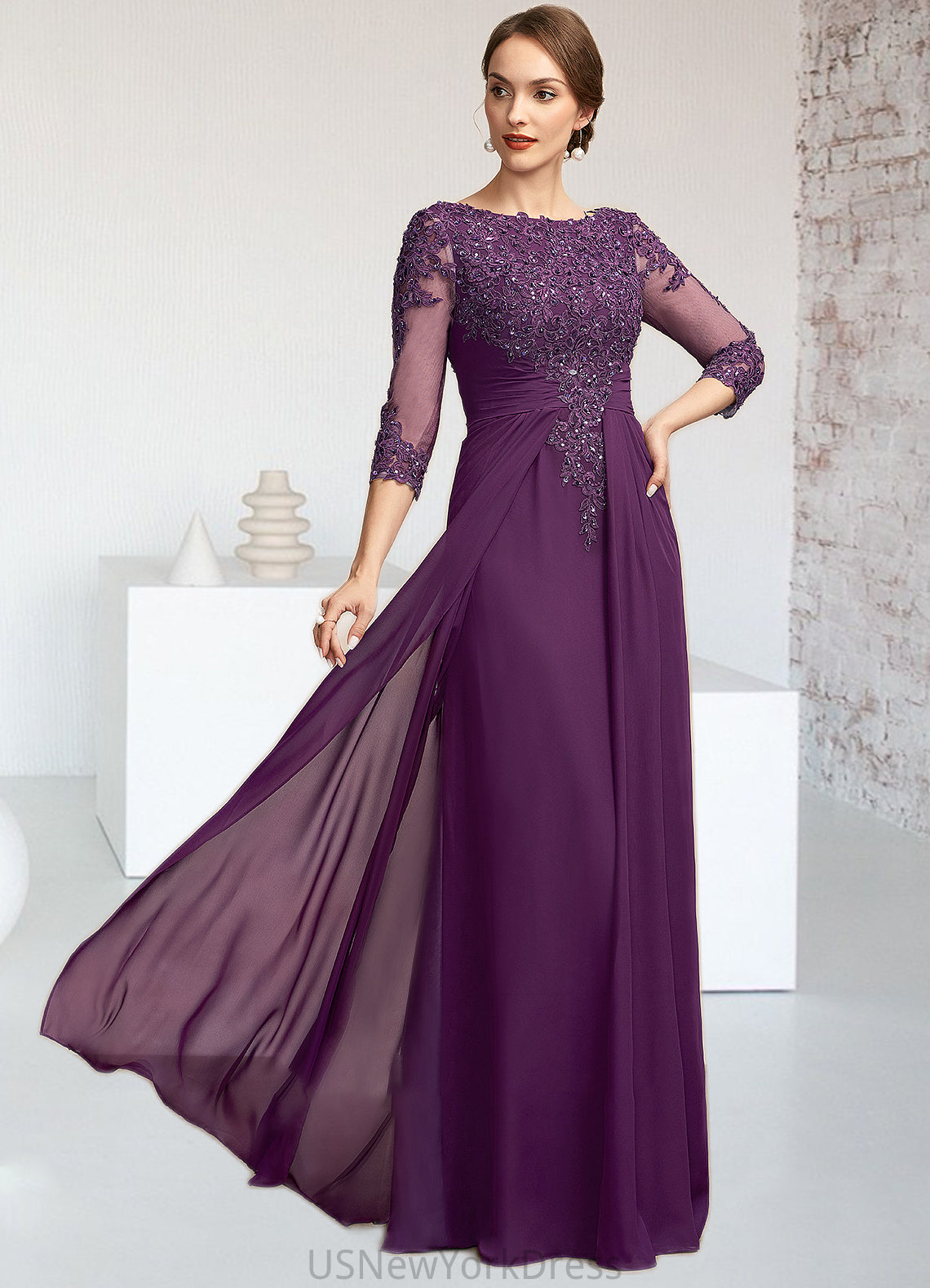 Hazel A-Line Scoop Neck Floor-Length Chiffon Lace Mother of the Bride Dress With Beading Sequins DJ126P0014738