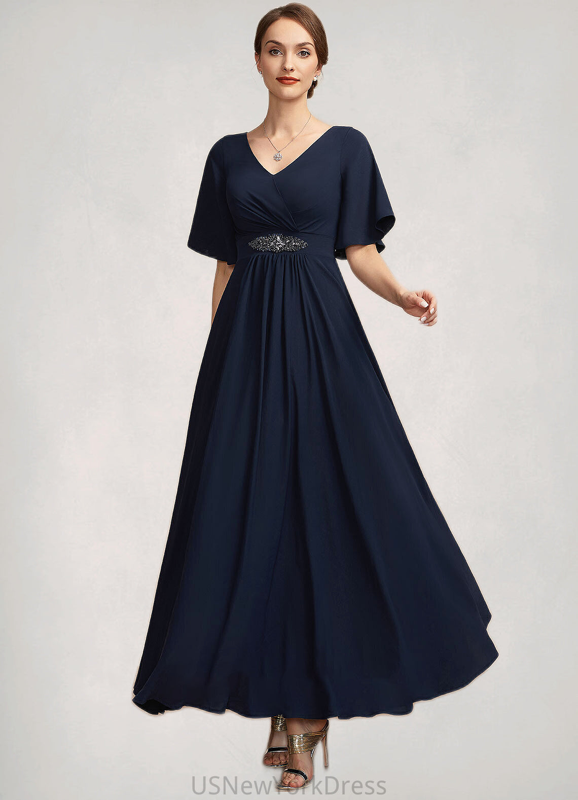 Jaylyn A-Line V-neck Ankle-Length Mother of the Bride Dress With Ruffle DJ126P0014742