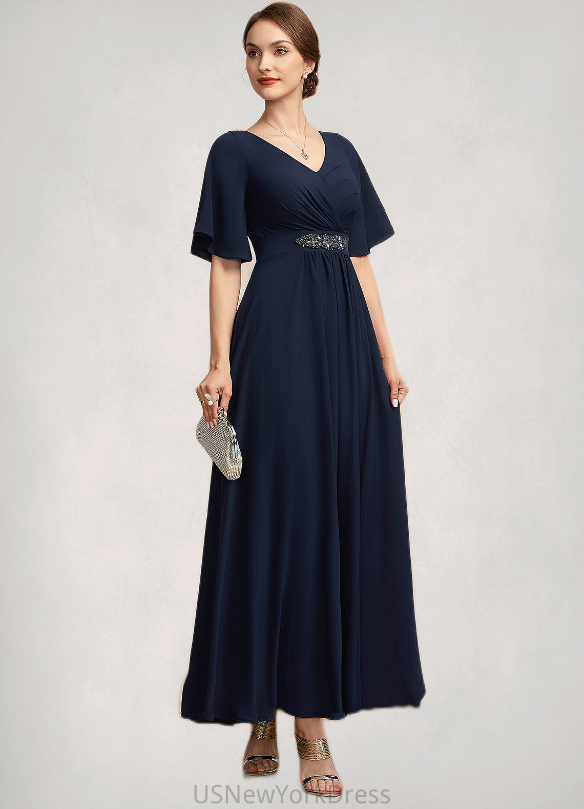 Jaylyn A-Line V-neck Ankle-Length Mother of the Bride Dress With Ruffle DJ126P0014742