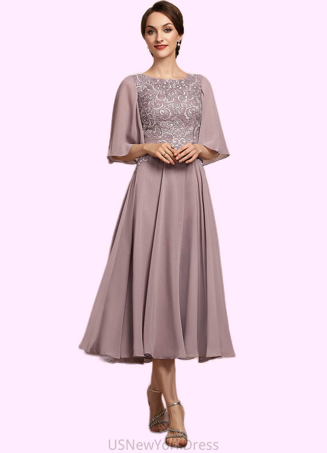 Essence A-Line Scoop Neck Tea-Length Chiffon Lace Mother of the Bride Dress DJ126P0014743