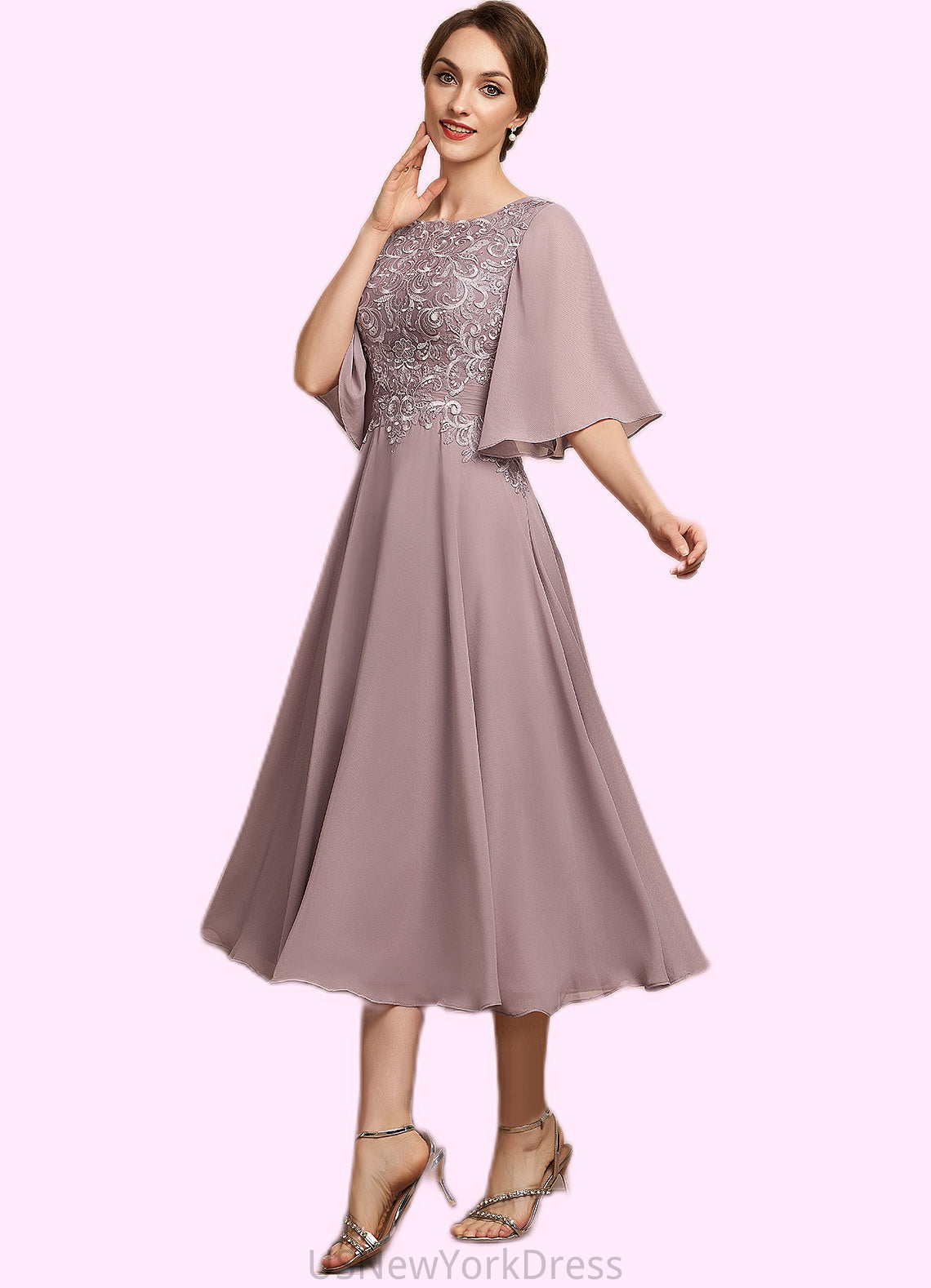 Essence A-Line Scoop Neck Tea-Length Chiffon Lace Mother of the Bride Dress DJ126P0014743