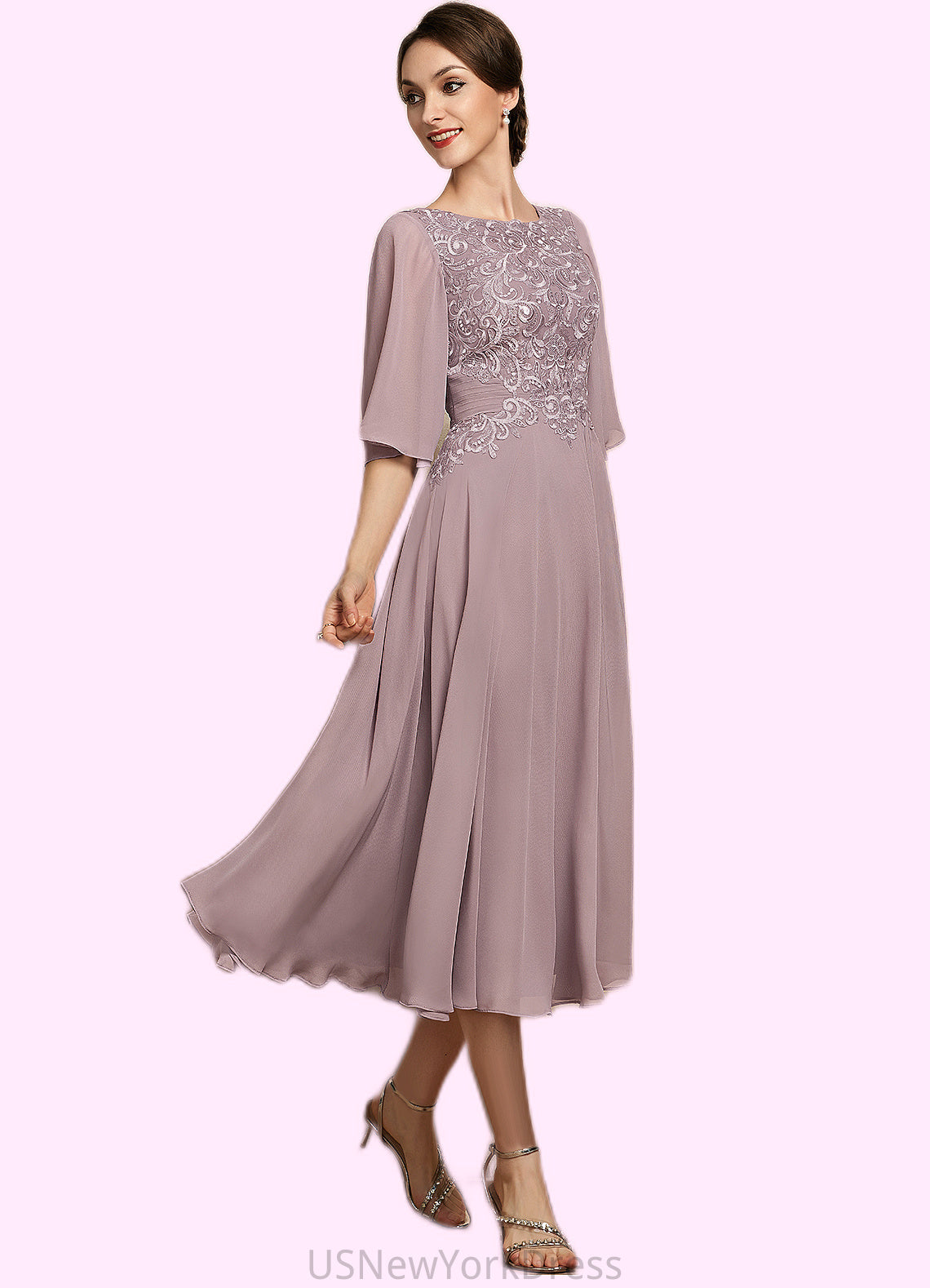 Essence A-Line Scoop Neck Tea-Length Chiffon Lace Mother of the Bride Dress DJ126P0014743