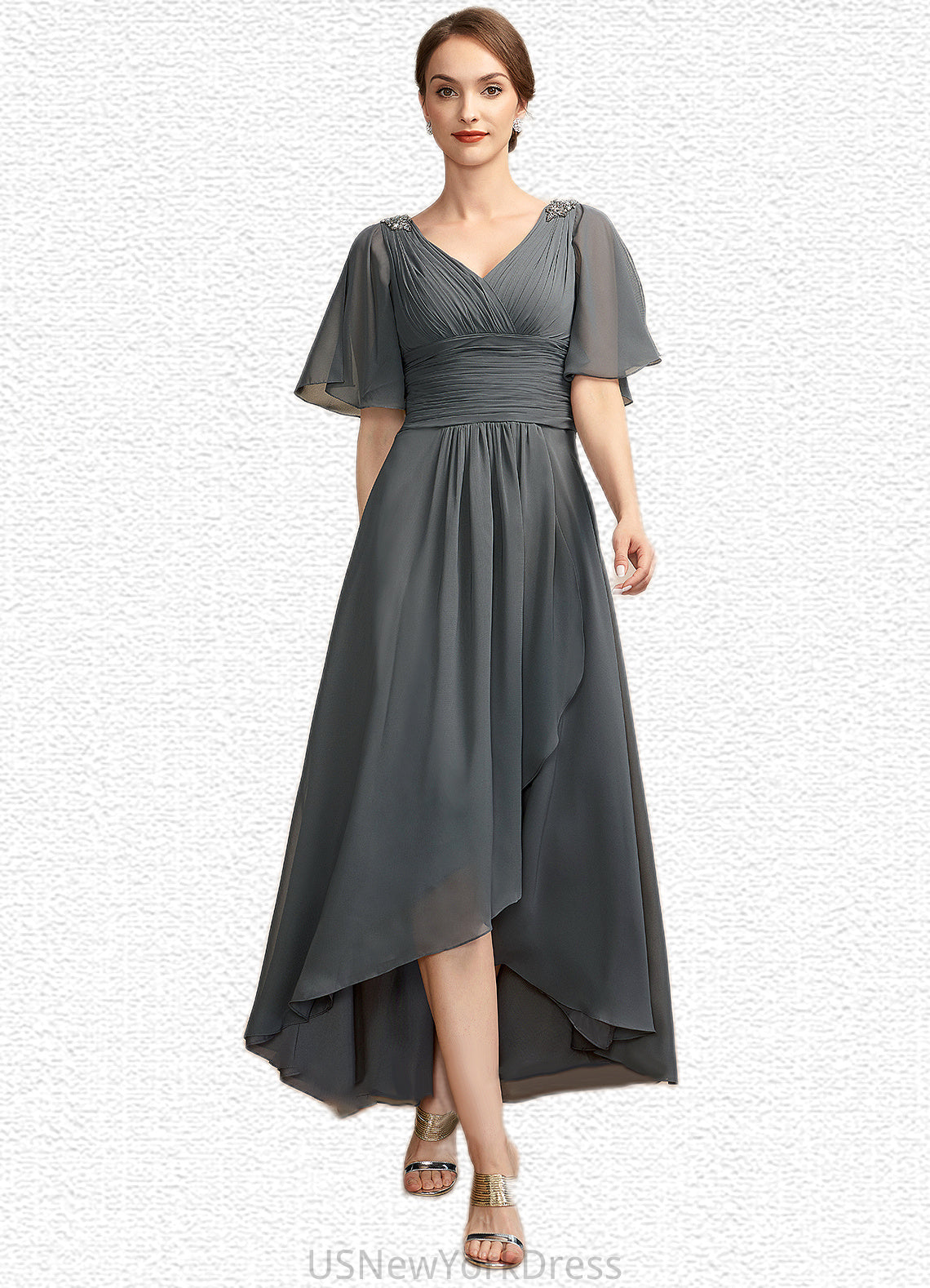 Lori A-Line V-neck Asymmetrical Chiffon Mother of the Bride Dress With Ruffle Beading DJ126P0014744