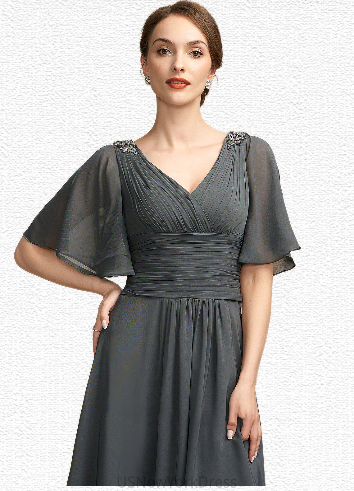 Lori A-Line V-neck Asymmetrical Chiffon Mother of the Bride Dress With Ruffle Beading DJ126P0014744