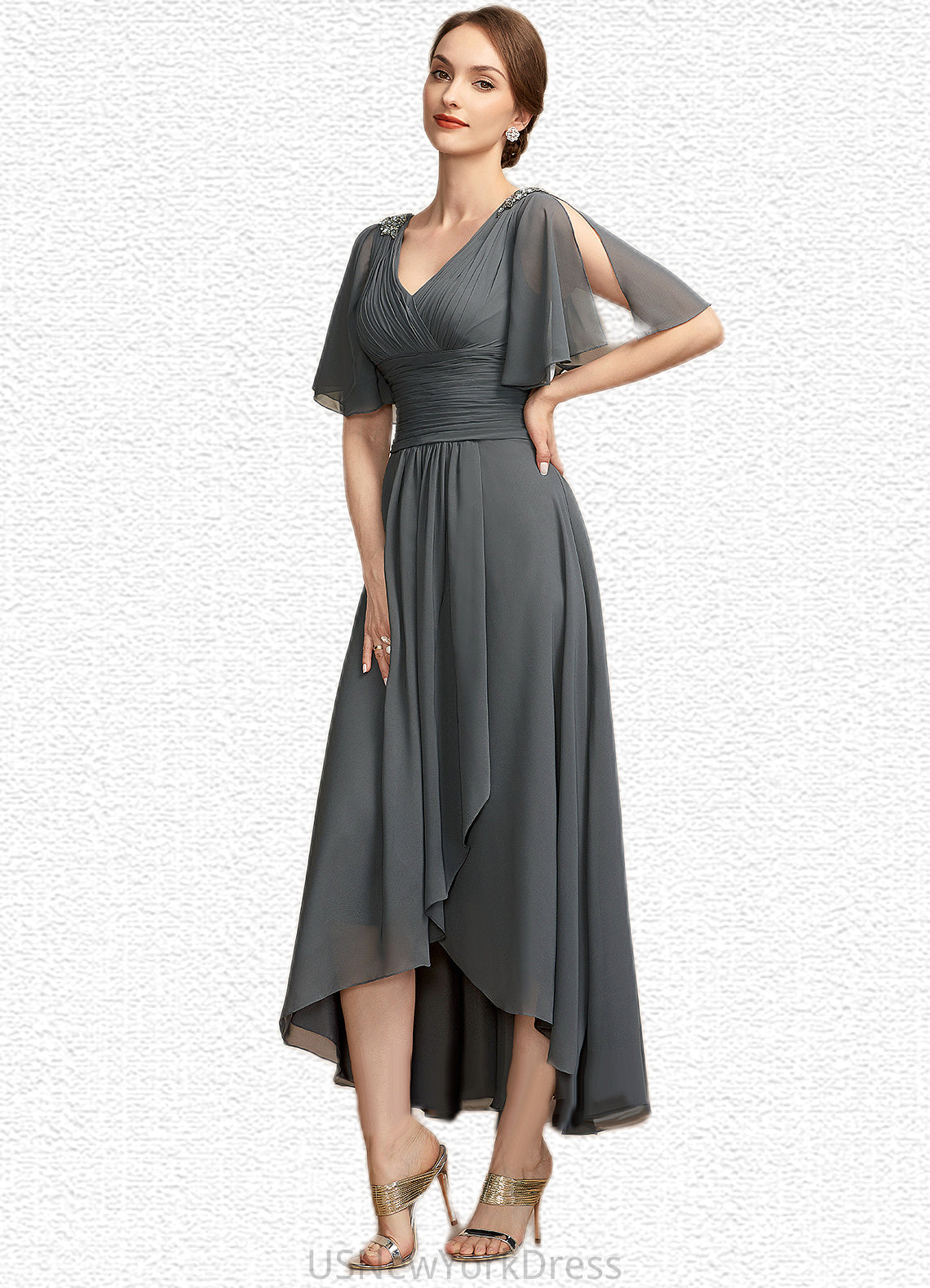 Lori A-Line V-neck Asymmetrical Chiffon Mother of the Bride Dress With Ruffle Beading DJ126P0014744