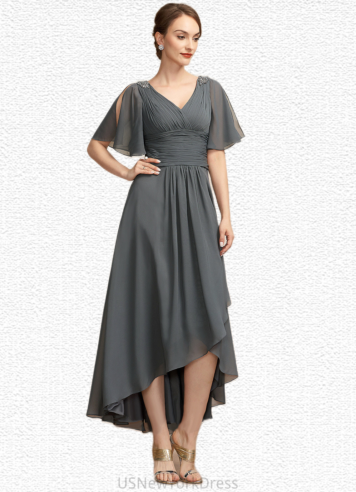 Lori A-Line V-neck Asymmetrical Chiffon Mother of the Bride Dress With Ruffle Beading DJ126P0014744