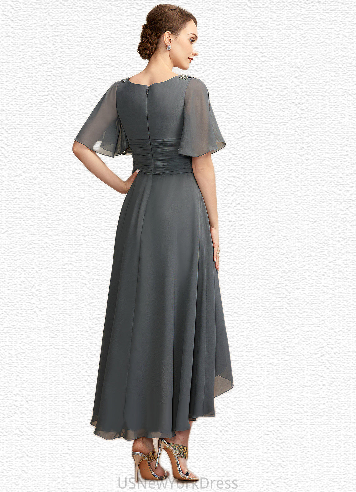 Lori A-Line V-neck Asymmetrical Chiffon Mother of the Bride Dress With Ruffle Beading DJ126P0014744