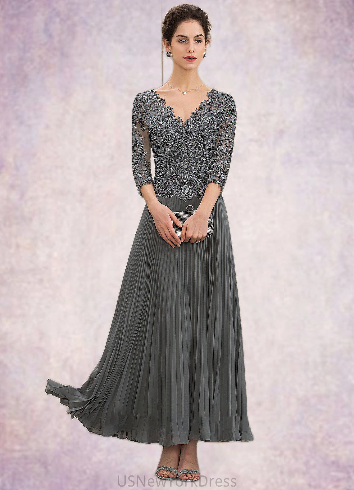 Sue A-Line V-neck Ankle-Length Chiffon Lace Mother of the Bride Dress With Sequins Pleated DJ126P0014745