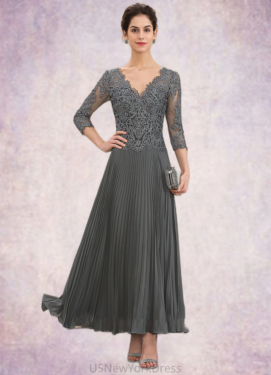 Sue A-Line V-neck Ankle-Length Chiffon Lace Mother of the Bride Dress With Sequins Pleated DJ126P0014745