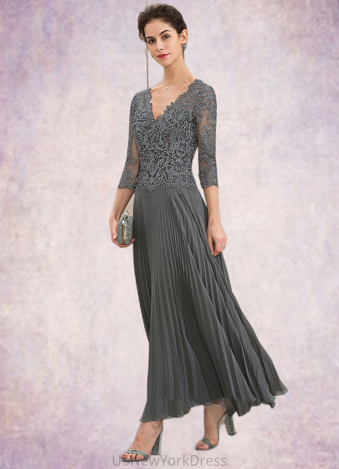 Sue A-Line V-neck Ankle-Length Chiffon Lace Mother of the Bride Dress With Sequins Pleated DJ126P0014745