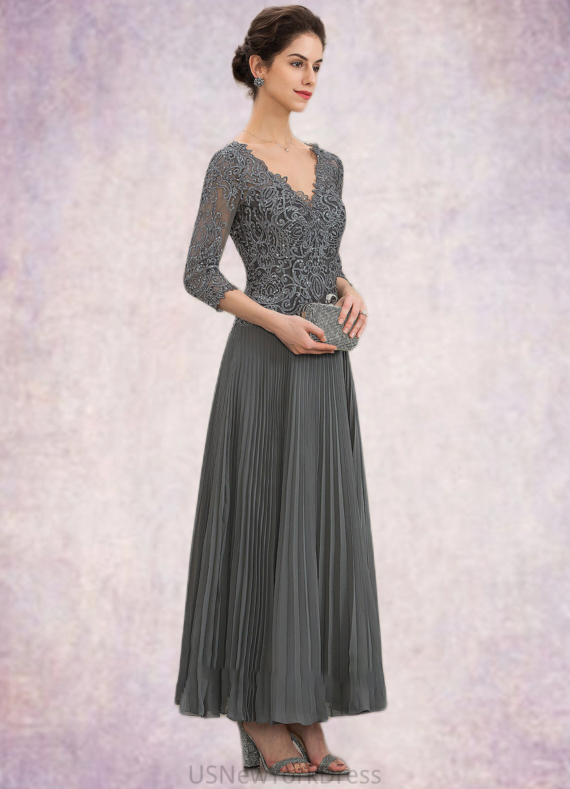 Sue A-Line V-neck Ankle-Length Chiffon Lace Mother of the Bride Dress With Sequins Pleated DJ126P0014745