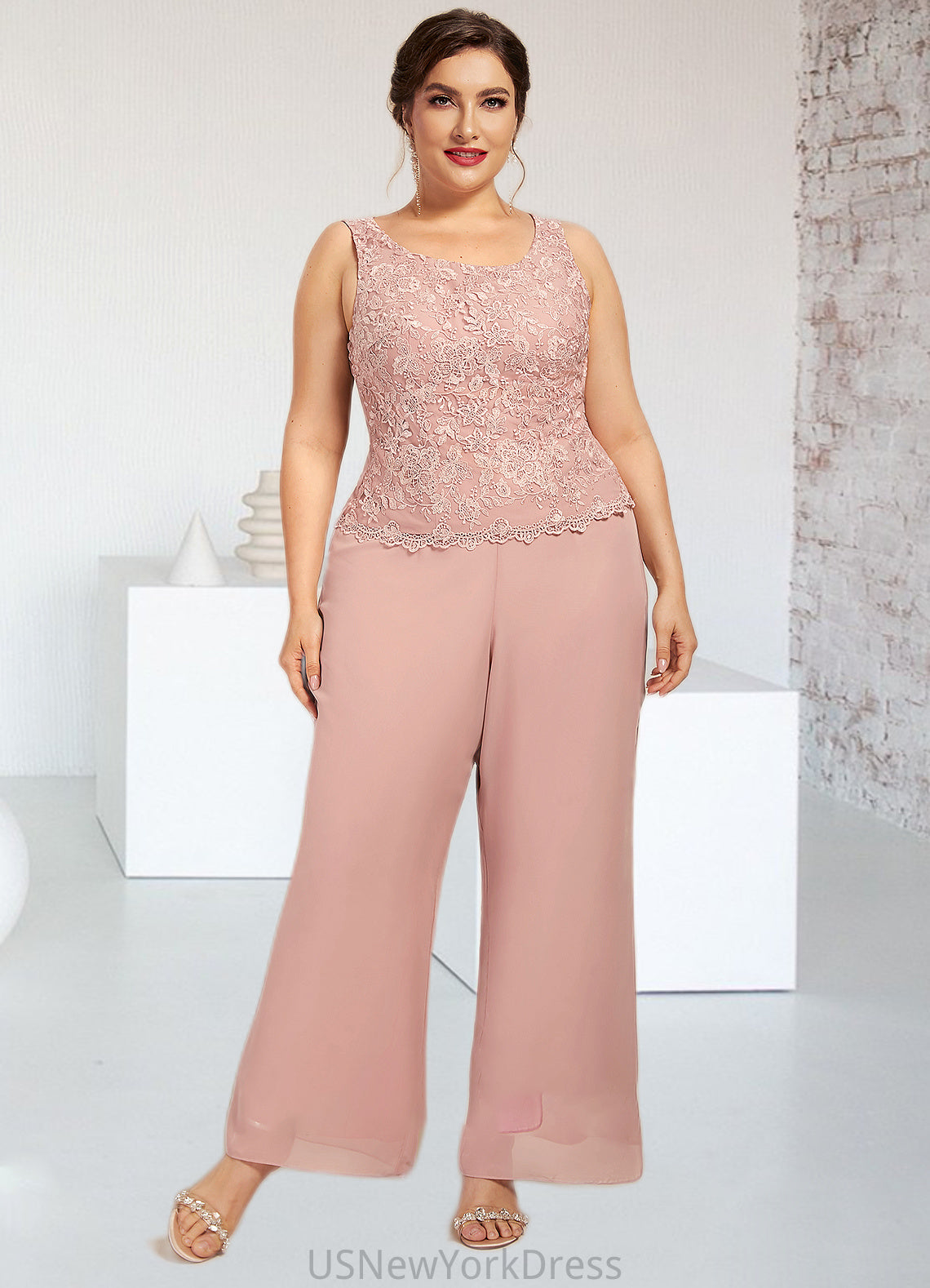 Sophronia Jumpsuit/Pantsuit Scoop Neck Ankle-Length Chiffon Lace Mother of the Bride Dress DJ126P0014746