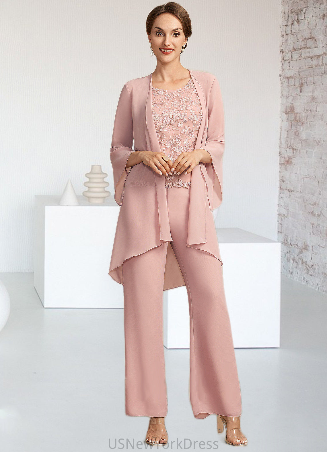 Sophronia Jumpsuit/Pantsuit Scoop Neck Ankle-Length Chiffon Lace Mother of the Bride Dress DJ126P0014746