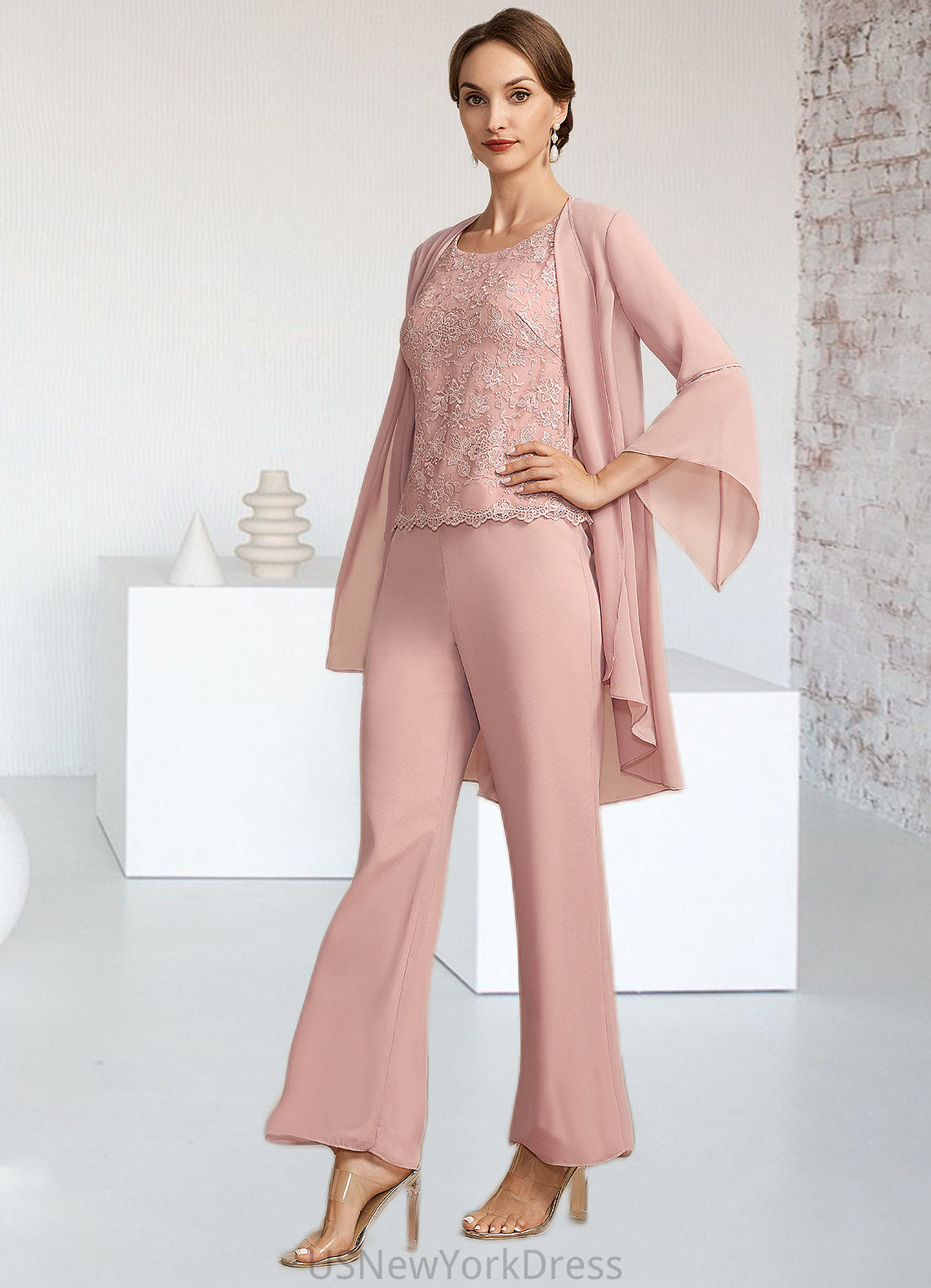 Sophronia Jumpsuit/Pantsuit Scoop Neck Ankle-Length Chiffon Lace Mother of the Bride Dress DJ126P0014746