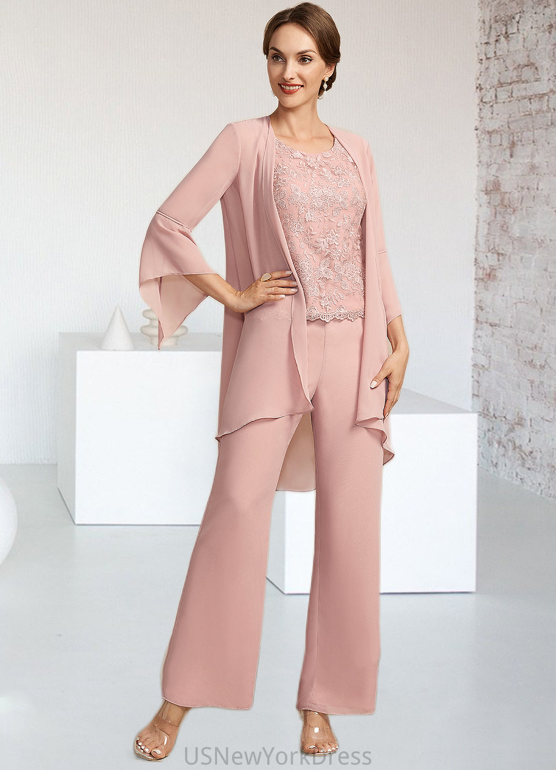 Sophronia Jumpsuit/Pantsuit Scoop Neck Ankle-Length Chiffon Lace Mother of the Bride Dress DJ126P0014746