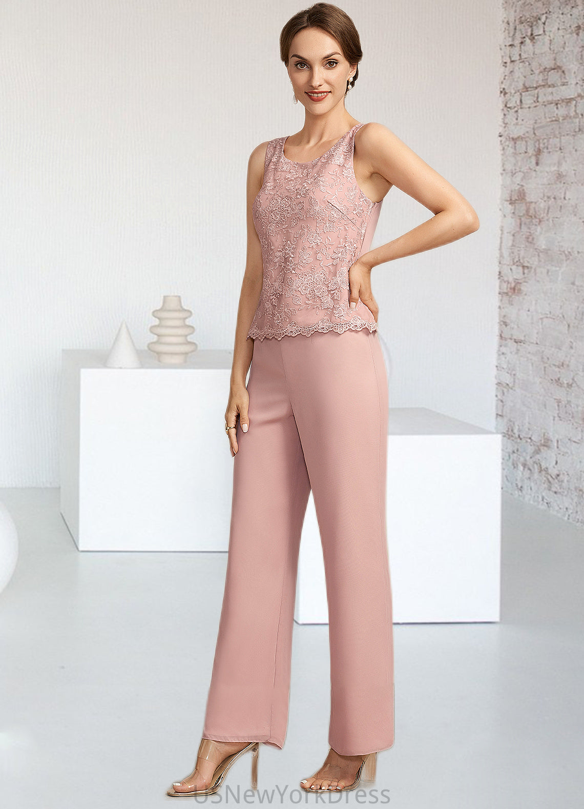 Sophronia Jumpsuit/Pantsuit Scoop Neck Ankle-Length Chiffon Lace Mother of the Bride Dress DJ126P0014746