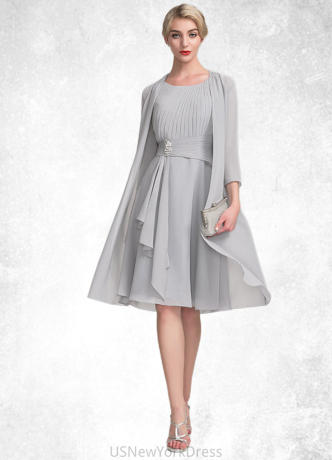 Marina A-Line Scoop Neck Knee-Length Chiffon Mother of the Bride Dress With Beading Cascading Ruffles DJ126P0014751