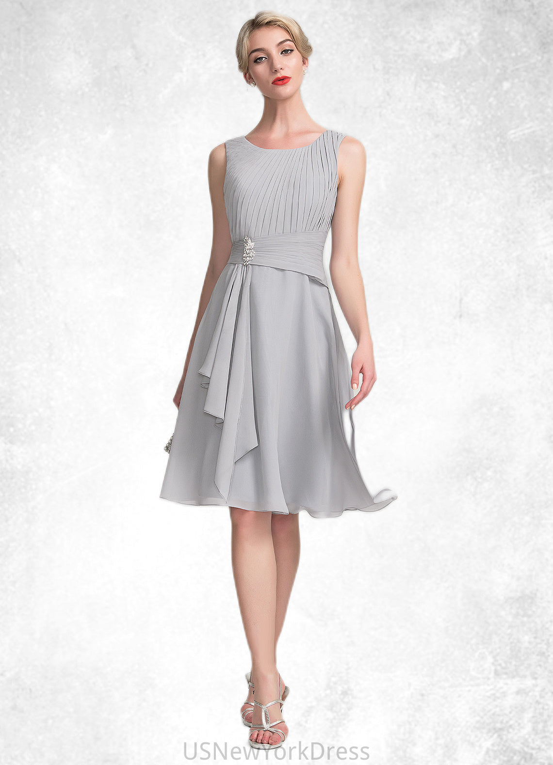 Marina A-Line Scoop Neck Knee-Length Chiffon Mother of the Bride Dress With Beading Cascading Ruffles DJ126P0014751