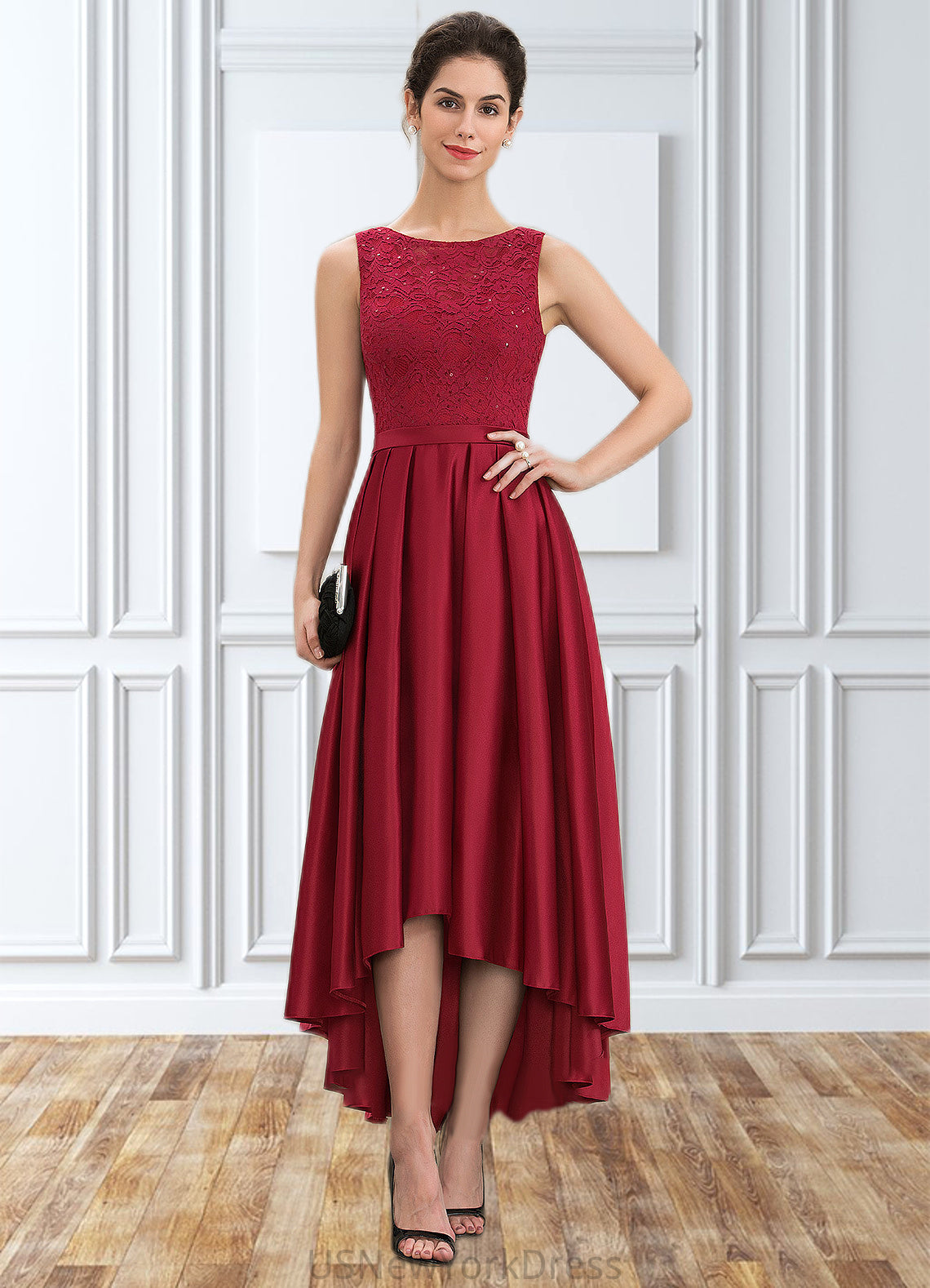 Dominique A-Line Scoop Neck Asymmetrical Satin Lace Mother of the Bride Dress With Sequins DJ126P0014752