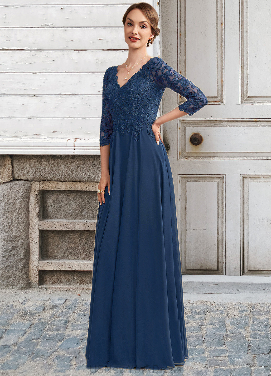 Ruby A-Line V-neck Floor-Length Chiffon Lace Mother of the Bride Dress DJ126P0014753