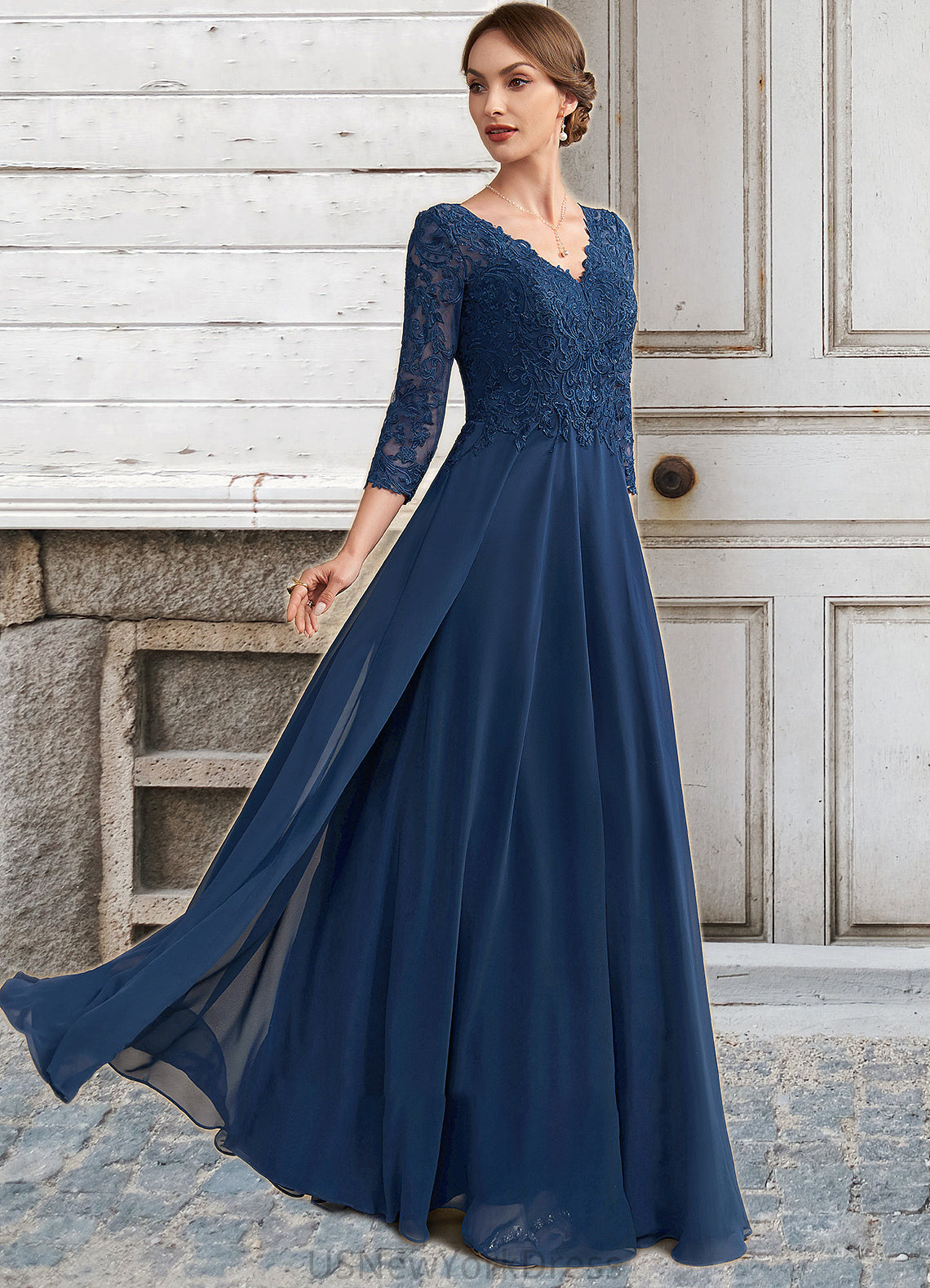 Ruby A-Line V-neck Floor-Length Chiffon Lace Mother of the Bride Dress DJ126P0014753